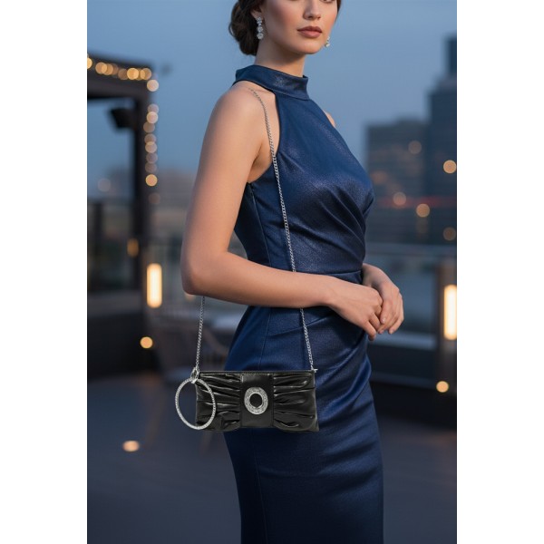 Evening Bag - Pleated PU Leather w/ Rhinestone Loop Wristlet - Black - BG-7070M-BK
